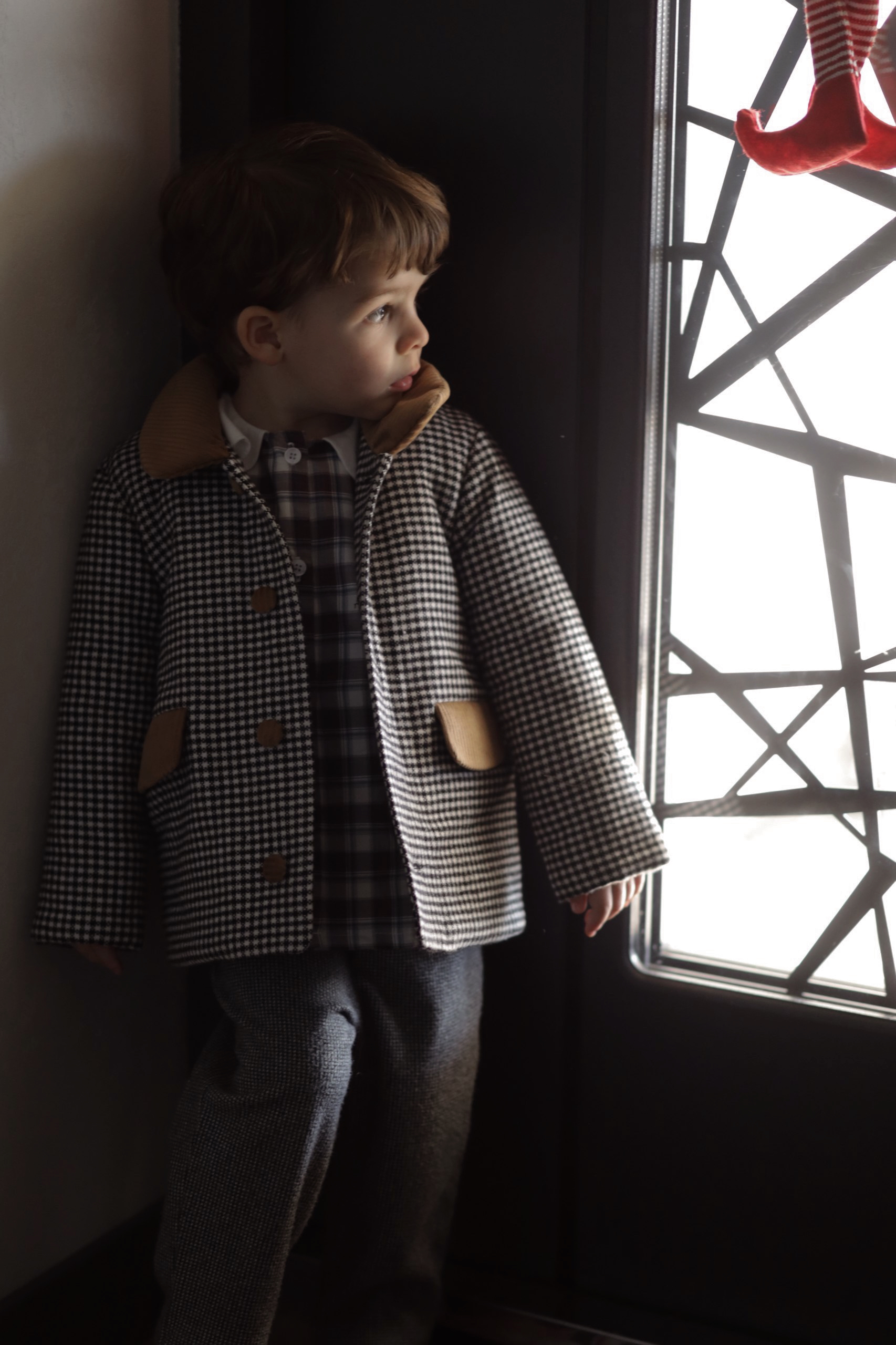 Palton în carouri mici alb-negre cu căptușeală