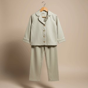 Pijama verde salvie cu bieu alb