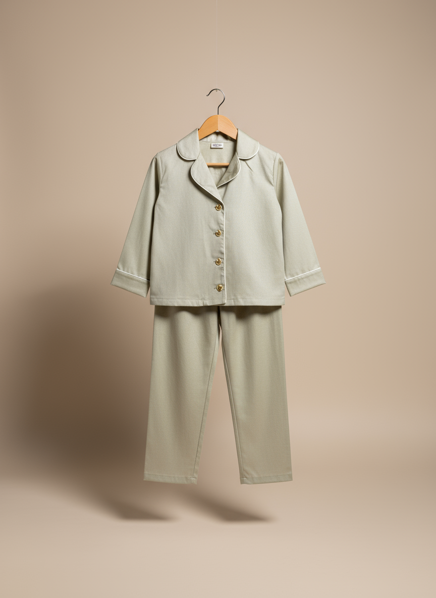 Pijama verde salvie cu bieu alb